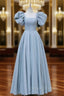 A-Line Puff sleeves Long Blue Prom Dress, Square Neckline Blue Long Formal Dress