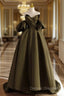 A-Line Puff Sleeves Olive Green Satin Long Prom Dress, Olive Green Long Evening Dress