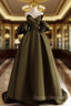 A-Line Puff Sleeves Olive Green Satin Long Prom Dress, Olive Green Long Formal Dress