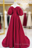 A-Line Puff Sleeves Satin Dark Red Long Prom Dress, Dark Red Long Evening Dress