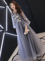 A-Line Puffy Long Sleeves Flowers Tulle Party Dress, Tulle Floor Length Prom Dress