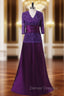 A-line Purple V-neck 3/4 Sleeves Mother Of The Bride Dress