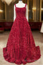 A-Line Red Sequin Quince Dress Square Neck Backless Long Prom Dress