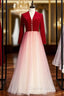 A-Line Red Velvet Tulle Long Sleeve Open Back Prom Dress