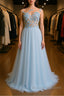 A Line Round Neck Baby Blue Lace Long Prom Dress with Butterfly, Baby Blue Lace Formal Graduation Evening Dress