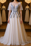A Line Round Neck Half Sleeves Gray Lace Prom Dress, Gray Floral Long Formal Evening Dress