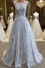 A Line Round Neck Lace Grey Prom Dress, Lace Grey Formal Dress