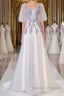 A Line Round Neck Short Sleeves Lace Prom Dress With Appliques, Lace Formal Dress