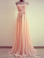 A-Line Round Neck Sweep Train Lace Coral Prom Dress, Formal Dresses, Lace Bridesmaid Dress