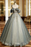 A-Line Round Neck Tulle Gray Blue Long Prom Dress, Tulle Sequin Lace Long Evening Dress