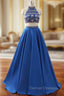 A-Line Royal Blue Satin Two Piece Halter Backless Prom Dress With Crystal