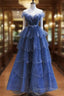 A Line Royal Blue Tulle Beaded Long Senior Prom Dress