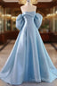A-Line Satin Blue Long Prom Dress With Bow