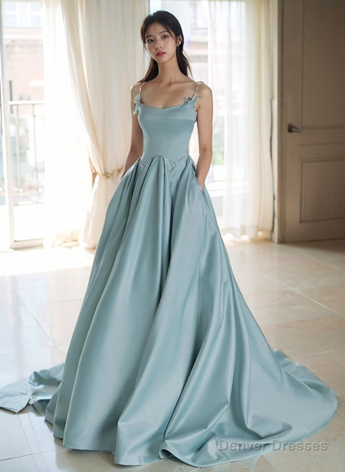 Blue Satin A-Line Strapless Long Prom Dress Party Dress with Beaded,DP519 main image 1