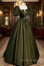 A-Line Satin Long Prom Dress, Dark Green Short Sleeve Evening Graduation Dress