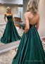 A-line Scalloped Neck Sweep Train Satin Prom Dresses With Pockets