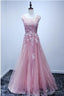 A-Line Scoop Floor-Length Pink Tulle Open Back Prom Dress With Appliques