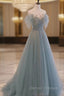 A-Line Scoop Neckline Tulle Gray Blue Long Prom Dress with Sequin