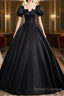 A-Line Short Sleeve Black Satin Long Prom Dress, Black Long Formal Dress