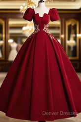 A-Line Short Sleeve Satin Lace Applique Burgundy Long Prom Dress
