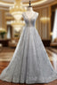 A-Line Silver Gray Tulle Sequins See Through V-neck Backless Prom Dress