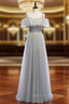 A-Line Silver Gray Tulle Sequins Spaghetti Straps Prom Dress