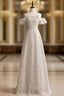 A-Line Silver Sequins Bateau Neck Long Prom Dress