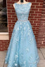 A-line Sky Blue Prom Dress Long Sleeveless Graduation Gown,Prom Dresses