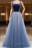 A Line Sleeveless Floor Length Blue Prom Dress, Blue Long Formal Bridesmaid Evening Dress