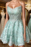 A-Line Spaghetti Straps Backless Mint Green Lace Short Prom Dress, Backless Mint Green Lace Formal Graduation Homecoming Dress