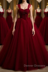 A Line Spaghetti Straps Beaded Burgundy Tulle Long Prom Dress, Long Burgundy Formal Evening Dress