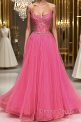 A Line Spaghetti Straps Beaded Pink Lace Long Prom Dress, Pink Lace Formal Dress, Pink Tulle Evening Dress