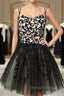 A Line Spaghetti Straps Black Homecoming Dress Short Prom Dress with Appliques