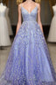 Lavender Spaghetti Straps Lace Floral A-line Formal Gowns Long Prom Dress