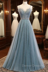 A-Line Spaghetti Straps Tulle Beaded Long Prom Dress, Cute Evening Party Dress