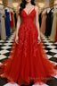 A Line Spaghetti Straps V Neck Red Lace Long Prom Dress, Red Lace Formal Dress, Red Evening Dress