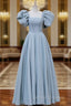A-Line Square Neckline Puff sleeves Long Blue Prom Dress, Blue Long Formal Dress