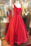 A-line Square Neckline Regular Straps Long/Floor-Length Satin Prom Dress