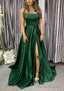 A-line Square Neckline Spaghetti Straps Sweep Train Charmeuse Prom Dresses