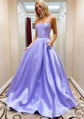 A-line Square Neckline Spaghetti Straps Sweep Train Satin Prom Dresses With Beading Pockets