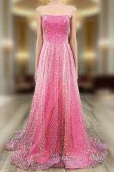 A-Line Strapless Hot Pink Sequins Long Prom Dress