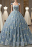 A-Line Sweetheart Neck Lace Gray Blue Long Prom Dress, Gray Blue Sweet 16 Dress