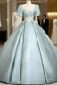 A-Line Sweetheart Neck Puff Sleeves Satin Quinceanera Dress Blue Long Prom Dress Elegant Evening Dress