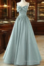 A-Line Sweetheart Neck Satin Beads Blue Long Prom Dress, Blue Formal Dress