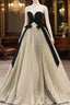 A-Line Sweetheart Neck Satin Velvet Champagne Long Prom Dress, Champagne Long Evening Dress