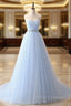 A-Line Sweetheart Neck Tulle Blue Long Prom Dress, Blue Long Bridesmaid Dress