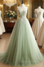 A-Line Sweetheart Neck Tulle Lace Applique Green Long Prom Dress, Green Formal Dress