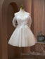 A Line Sweetheart Neck Tulle Lace Beige Short Prom Dress, Puffy Cute Homecoming Dress