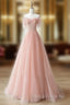 A-Line Sweetheart Neck Tulle Lace Pink Long Prom Dress, Pink Formal Dress