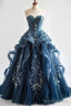 A-Line Sweetheart Neck Tulle Long Prom Dress Vintage Strapless Beaded Evening Gown